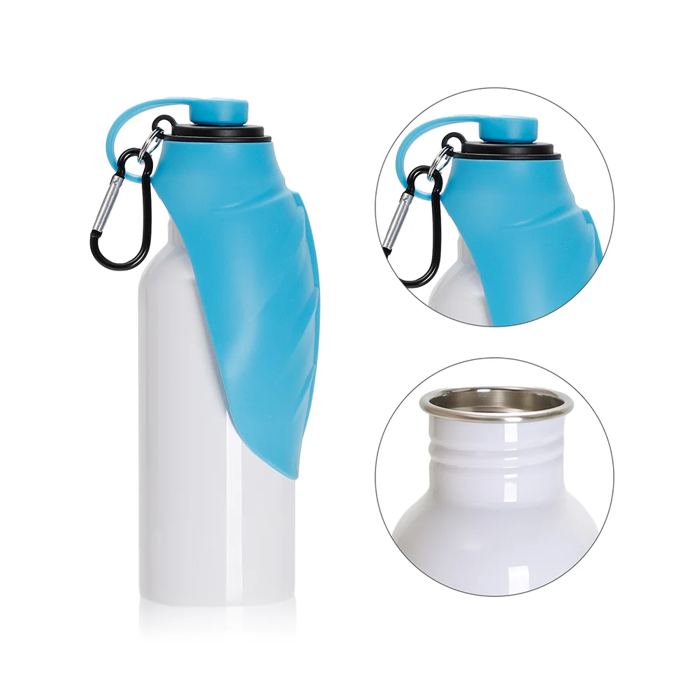 20OZ 600ml White Stainless Steel Pet Travel Bottle with Light Blue Silicon Dispenser & Carabiner thumbnail 5