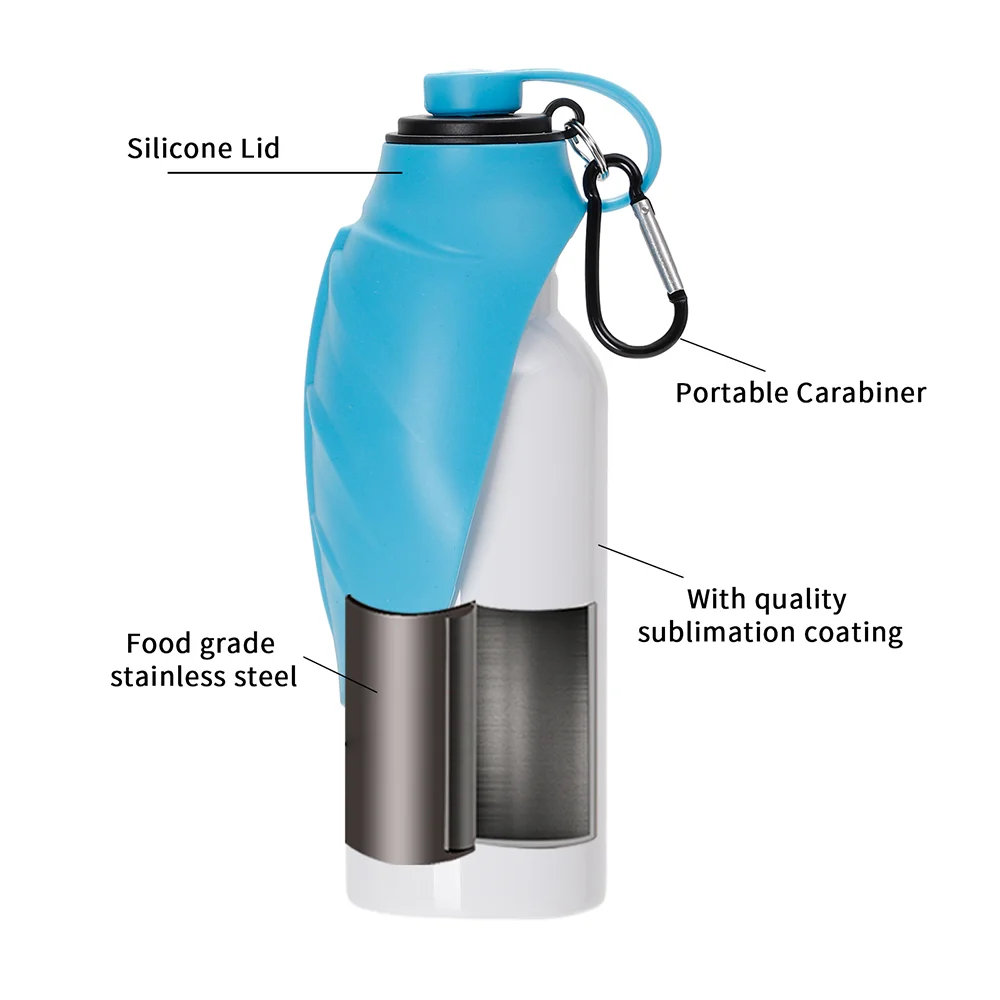 20OZ 600ml White Stainless Steel Pet Travel Bottle with Light Blue Silicon Dispenser & Carabiner thumbnail 7