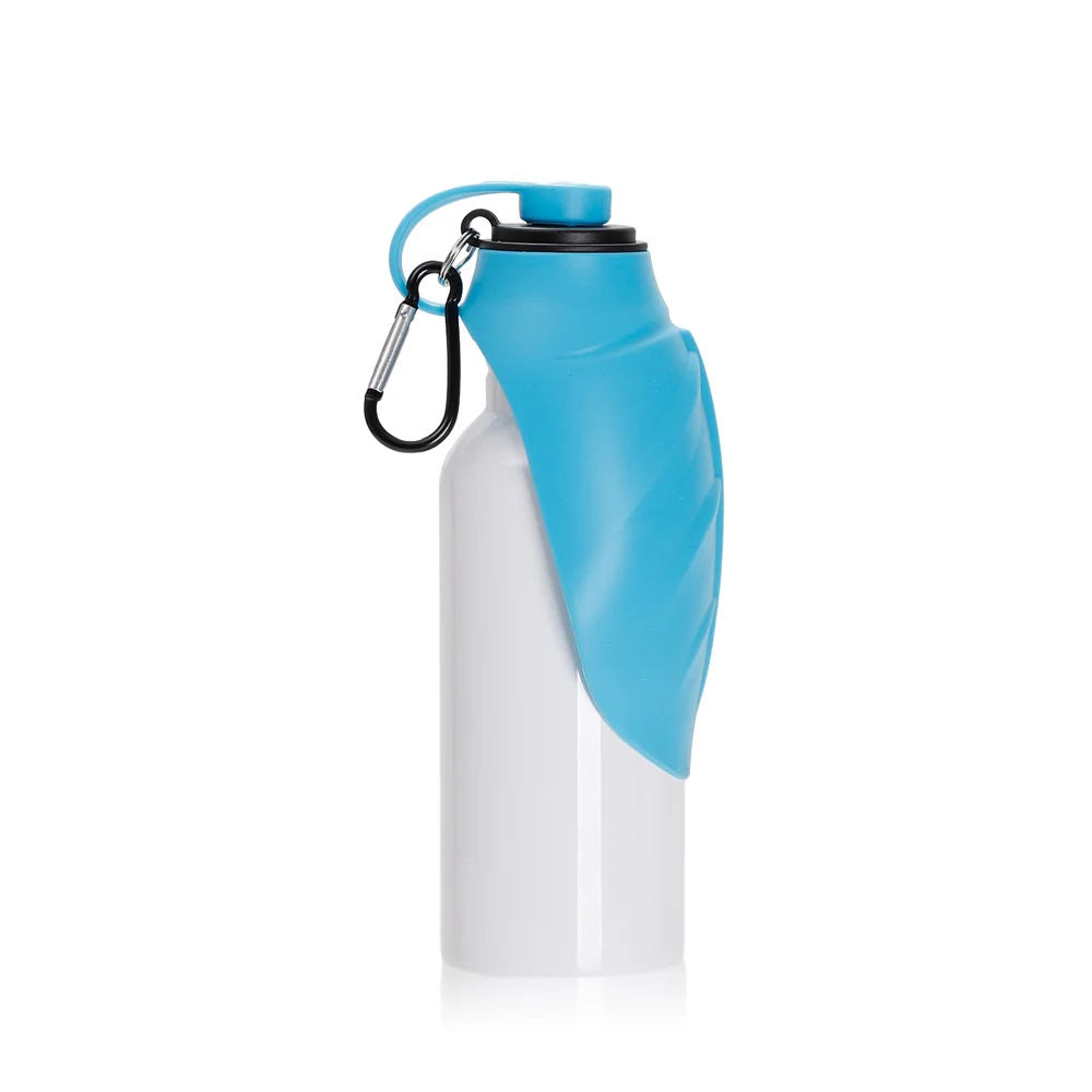 20OZ 600ml White Stainless Steel Pet Travel Bottle with Light Blue Silicon Dispenser & Carabiner