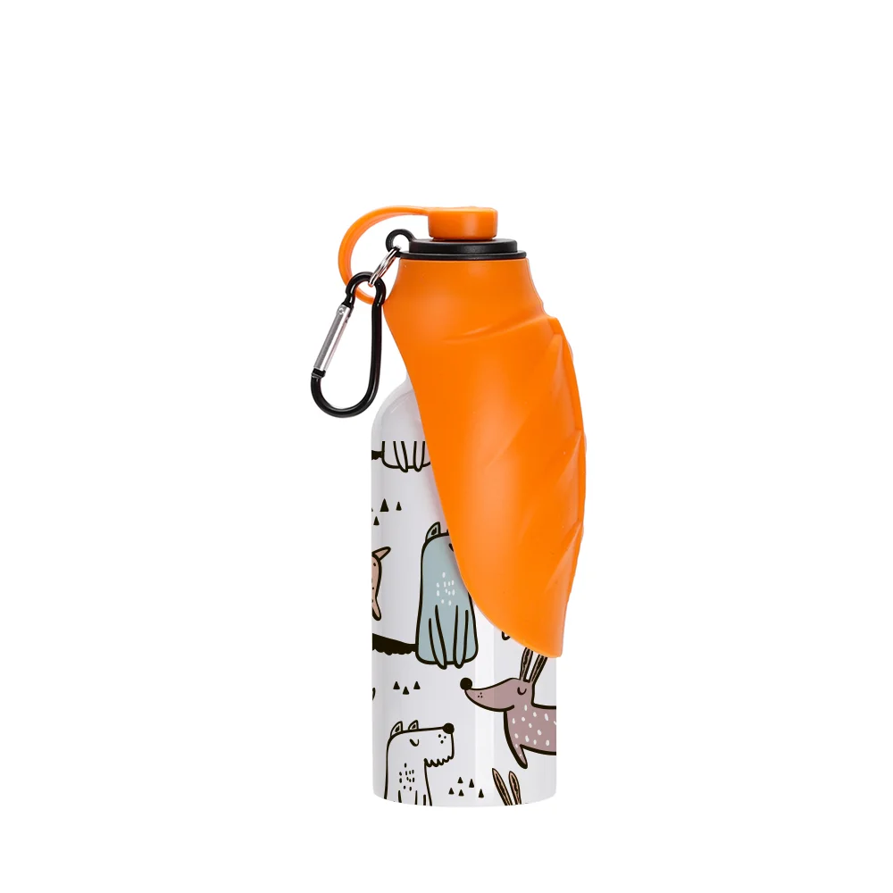 20OZ 600ml White Stainless Steel Pet Travel Bottle with Orange Silicon Dispenser & Carabiner