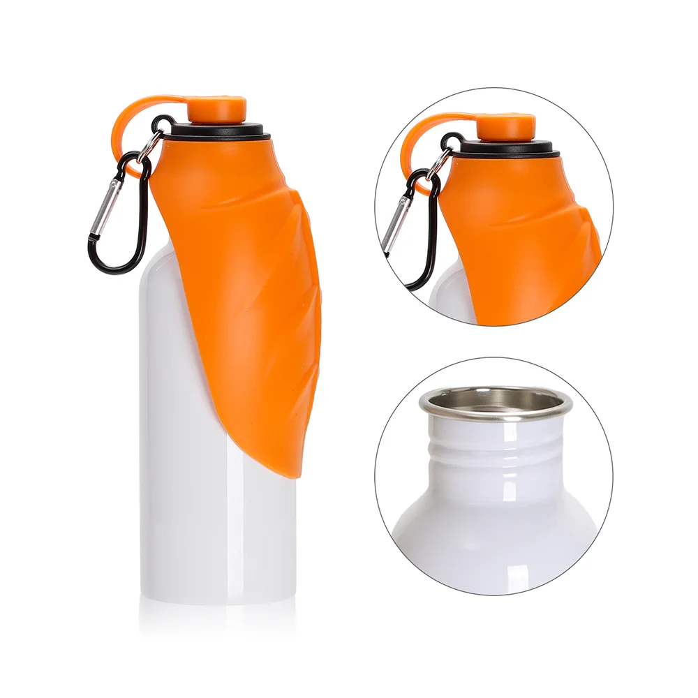 20OZ 600ml White Stainless Steel Pet Travel Bottle with Orange Silicon Dispenser & Carabiner thumbnail 5