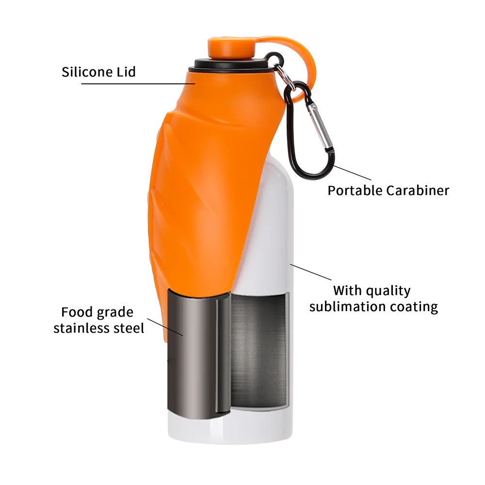 20OZ 600ml White Stainless Steel Pet Travel Bottle with Orange Silicon Dispenser & Carabiner thumbnail 7