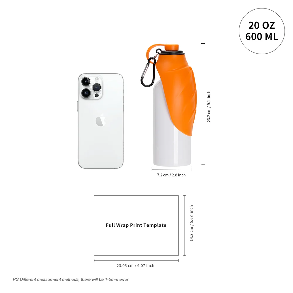 20OZ 600ml White Stainless Steel Pet Travel Bottle with Orange Silicon Dispenser & Carabiner thumbnail 8