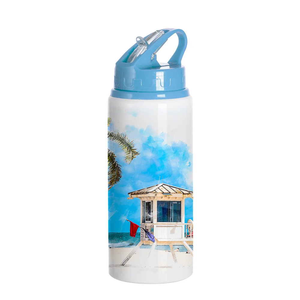 20oz/600ml White Aluminium Bottle w/ Light Blue Straw Lid thumbnail 2