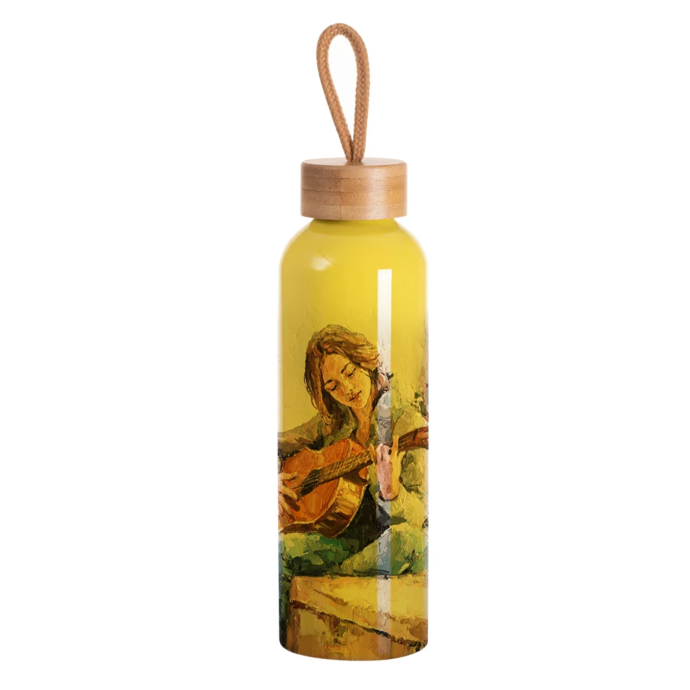 20oz/600ml Aluminum Water Bottle with Bamboo Lid (Yellow) thumbnail 2