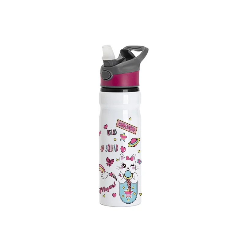 20OZ/650ml Aluminium Water Bottle with Rose Red Cap(White) thumbnail 2