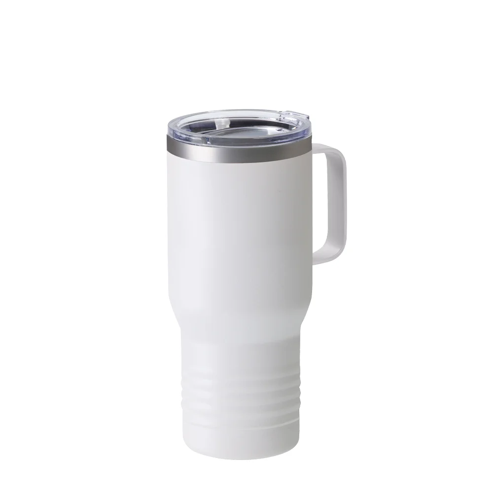 22oz/650ml Stainless Steel Tumbler with Handle w/ Ringneck Grip (Powder Coated, White)
