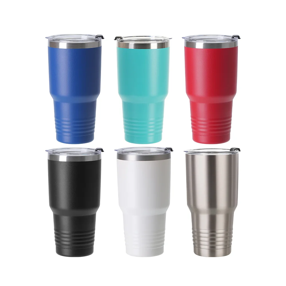30oz/900ml Stainless Steel Tumbler w/ Ringneck Grip (Powder Coated, White) thumbnail 4