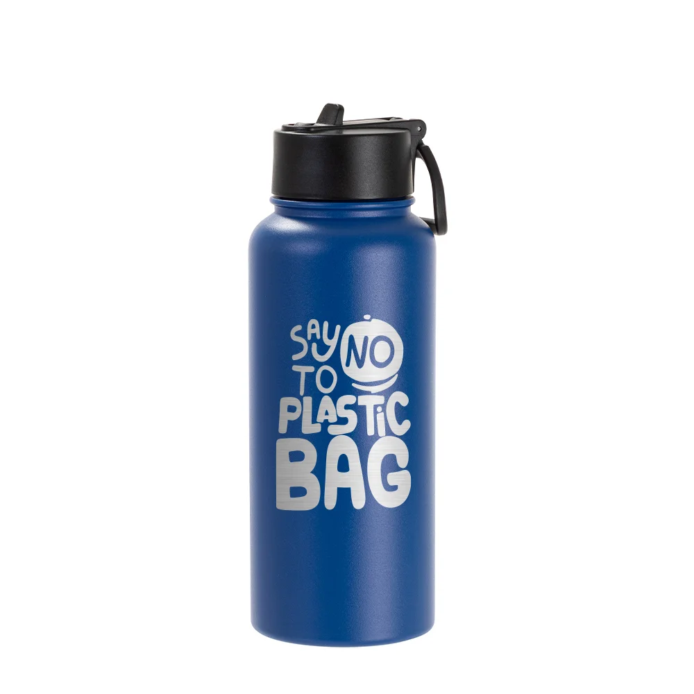 32oz/950ml Stainless Steel Flask with Wide Mouth Straw Lid & Rotating Handle (Powder Coated, Dark Blue) thumbnail 2