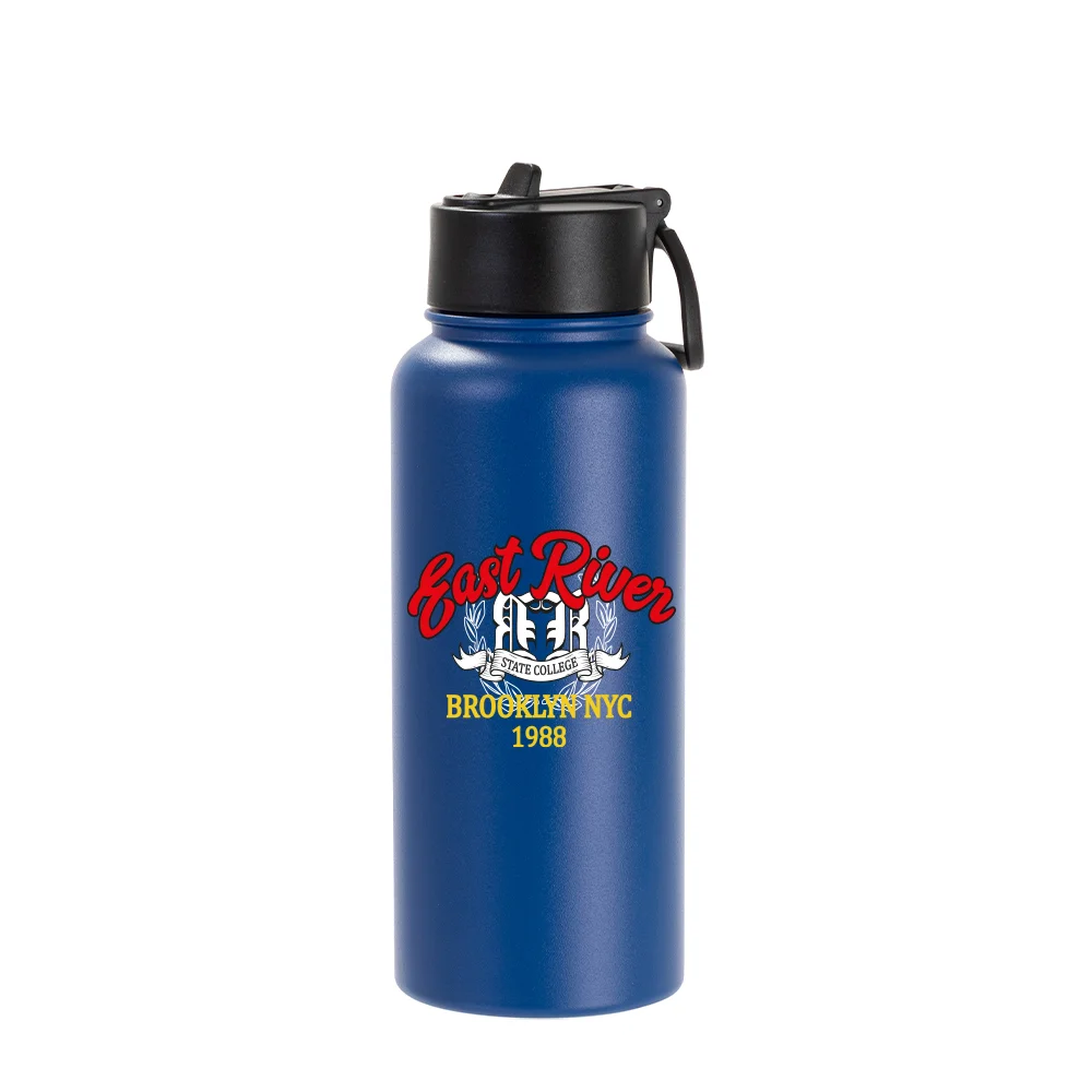 32oz/950ml Stainless Steel Flask with Wide Mouth Straw Lid & Rotating Handle (Powder Coated, Dark Blue) thumbnail 3
