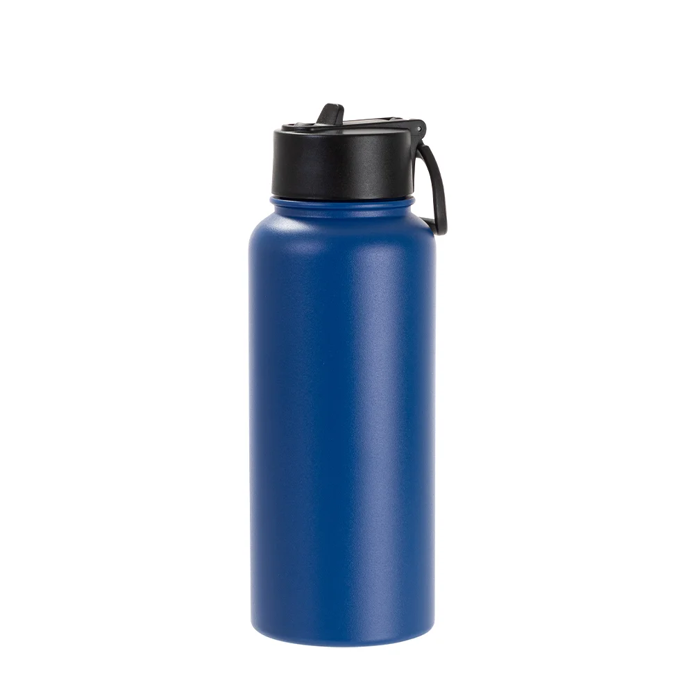 32oz/950ml Stainless Steel Flask with Wide Mouth Straw Lid & Rotating Handle (Powder Coated, Dark Blue) thumbnail 1