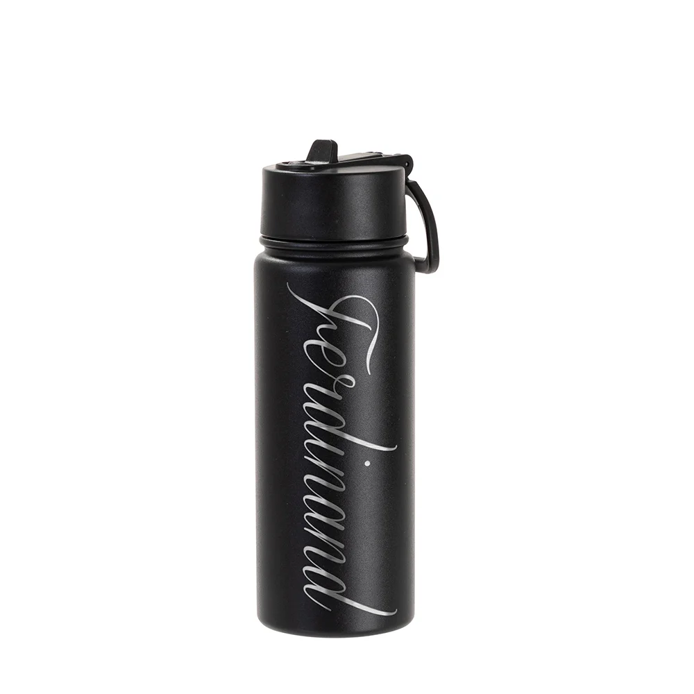 18oz/550ml Stainless Steel Water Bottle w/ Wide Mouth Straw Lid & Rotating Handle (Powder Coated, Black) thumbnail 2