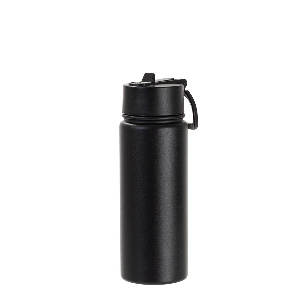18oz/550ml Stainless Steel Water Bottle w/ Wide Mouth Straw Lid & Rotating Handle (Powder Coated, Black) thumbnail 1