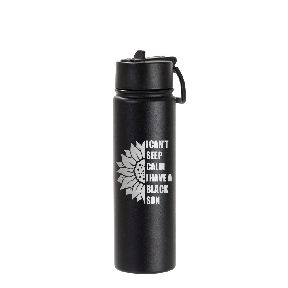 22oz/650ml Stainless Steel Flask with Wide Mouth Straw Lid & Rotating Handle (Powder Coated, Black) thumbnail 2