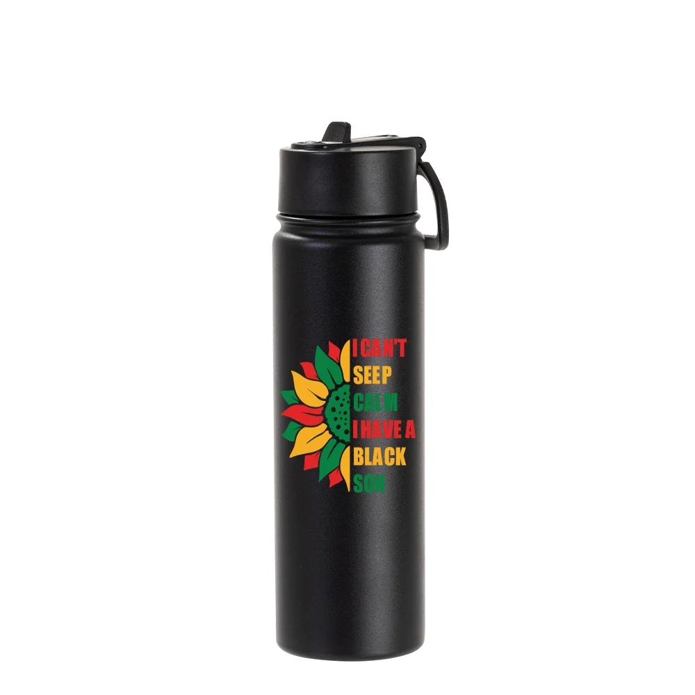 22oz/650ml Stainless Steel Flask with Wide Mouth Straw Lid & Rotating Handle (Powder Coated, Black) thumbnail 3