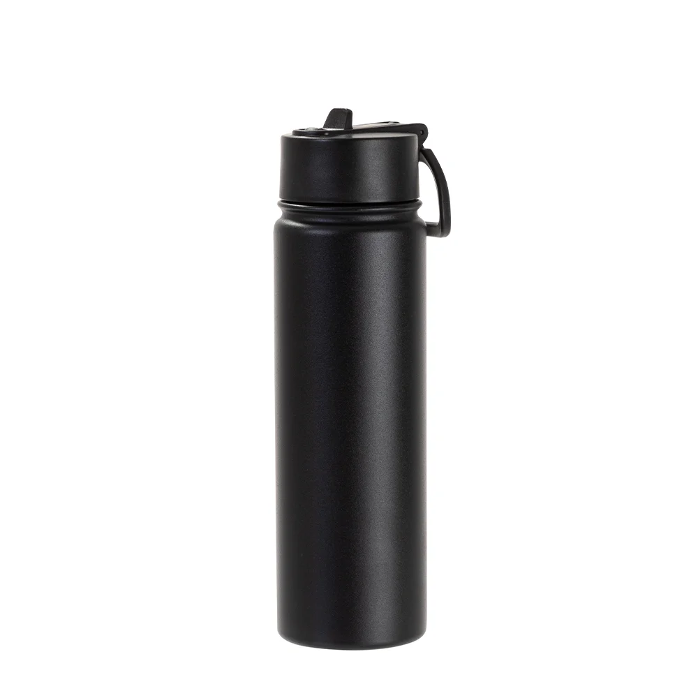 22oz/650ml Stainless Steel Flask with Wide Mouth Straw Lid & Rotating Handle (Powder Coated, Black) thumbnail 1