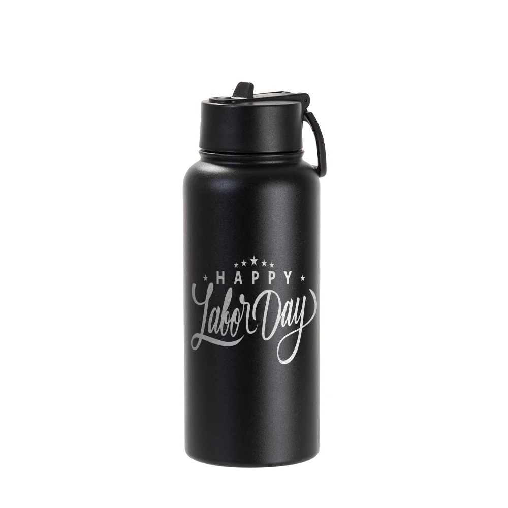 32oz/950ml Stainless Steel Flask with Wide Mouth Straw Lid & Rotating Handle (Powder Coated, Black) thumbnail 2