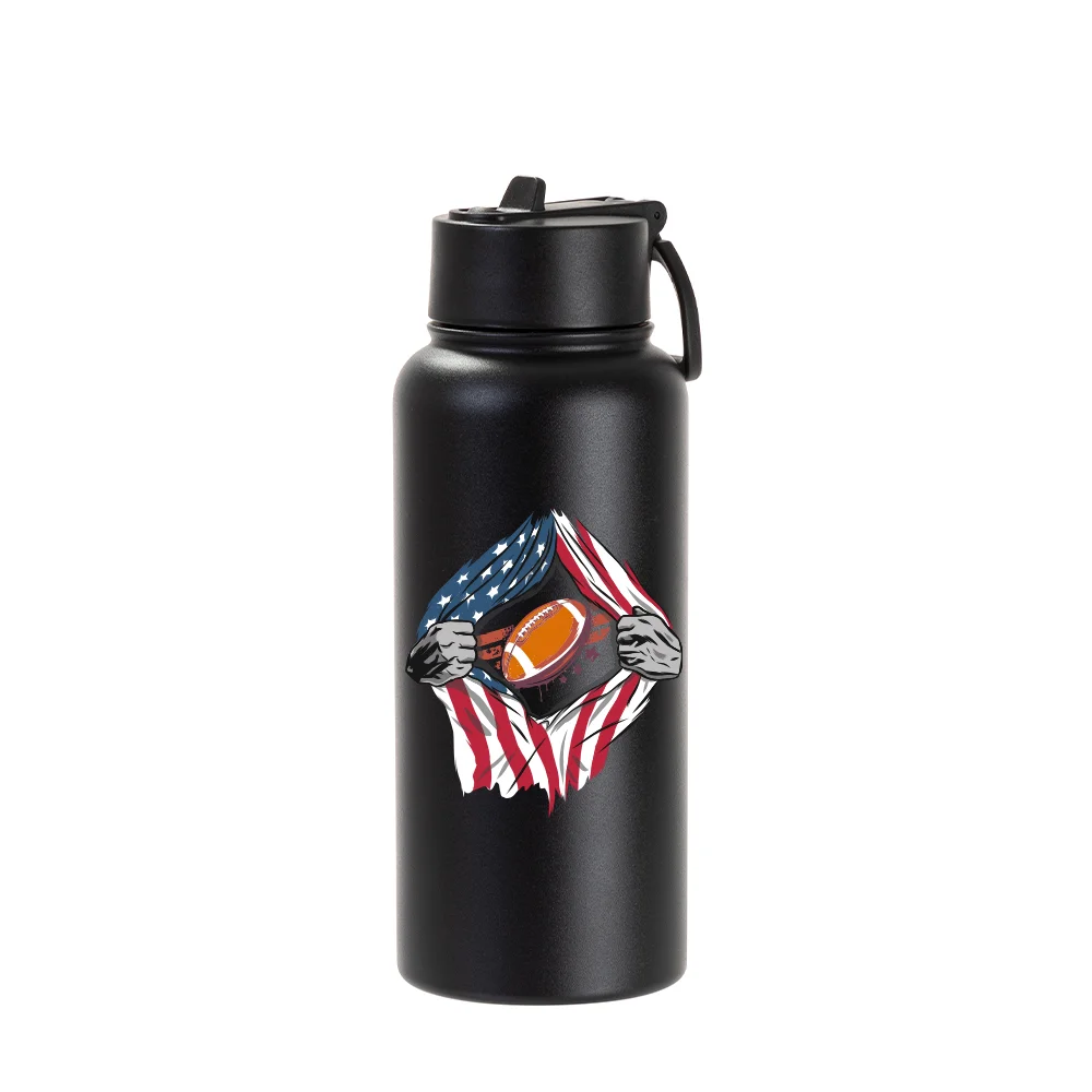 32oz/950ml Stainless Steel Flask with Wide Mouth Straw Lid & Rotating Handle (Powder Coated, Black) thumbnail 3