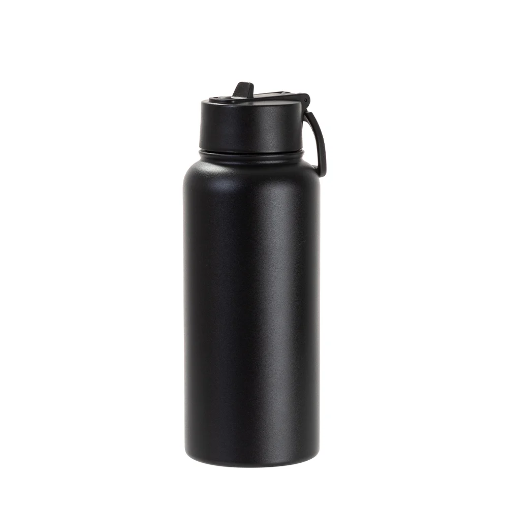 32oz/950ml Stainless Steel Flask with Wide Mouth Straw Lid & Rotating Handle (Powder Coated, Black) thumbnail 1
