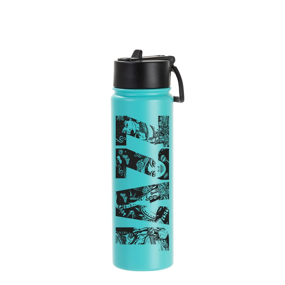 22oz/650ml Stainless Steel Flask with Wide Mouth Straw Lid & Rotating Handle (Powder Coated, Mint Green) thumbnail 3