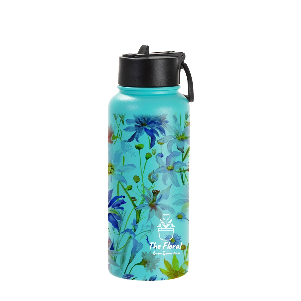 32oz/950ml Stainless Steel Flask with Wide Mouth Straw Lid & Rotating Handle (Powder Coated, Mint Green) thumbnail 2