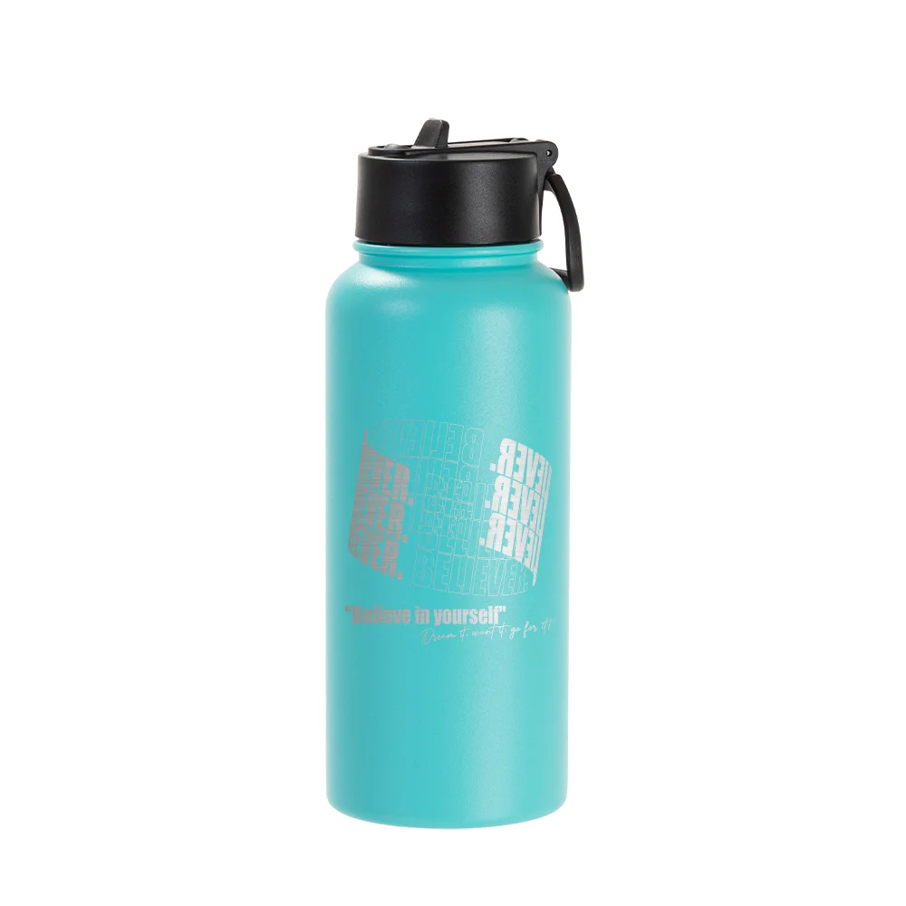 32oz/950ml Stainless Steel Flask with Wide Mouth Straw Lid & Rotating Handle (Powder Coated, Mint Green) thumbnail 3