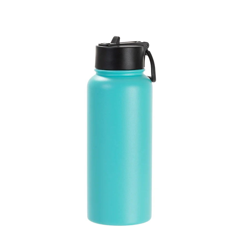 32oz/950ml Stainless Steel Flask with Wide Mouth Straw Lid & Rotating Handle (Powder Coated, Mint Green) thumbnail 1