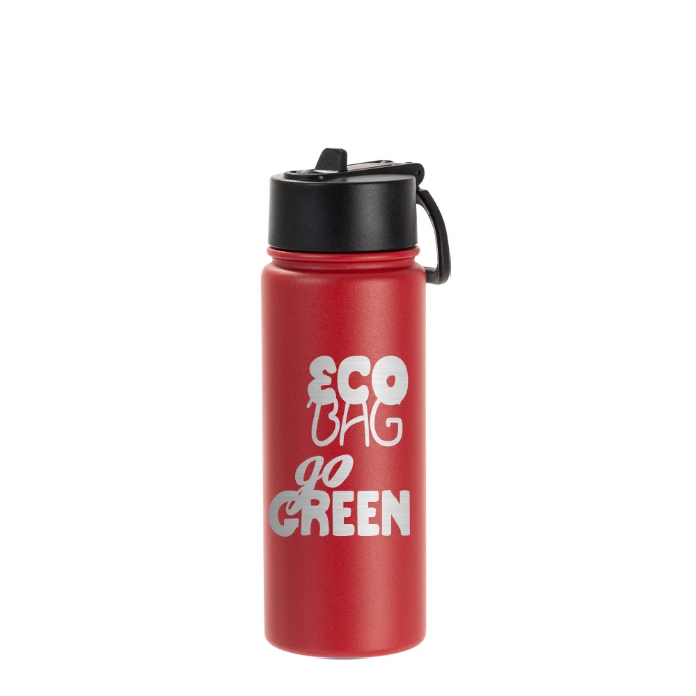 18oz/550ml Stainless Steel Water Bottle w/ Wide Mouth Straw Lid & Rotating Handle (Powder Coated, Red) thumbnail 2