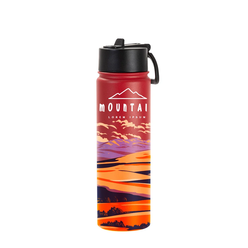 22oz/650ml Stainless Steel Flask with Wide Mouth Straw Lid & Rotating Handle (Powder Coated, Red) thumbnail 2