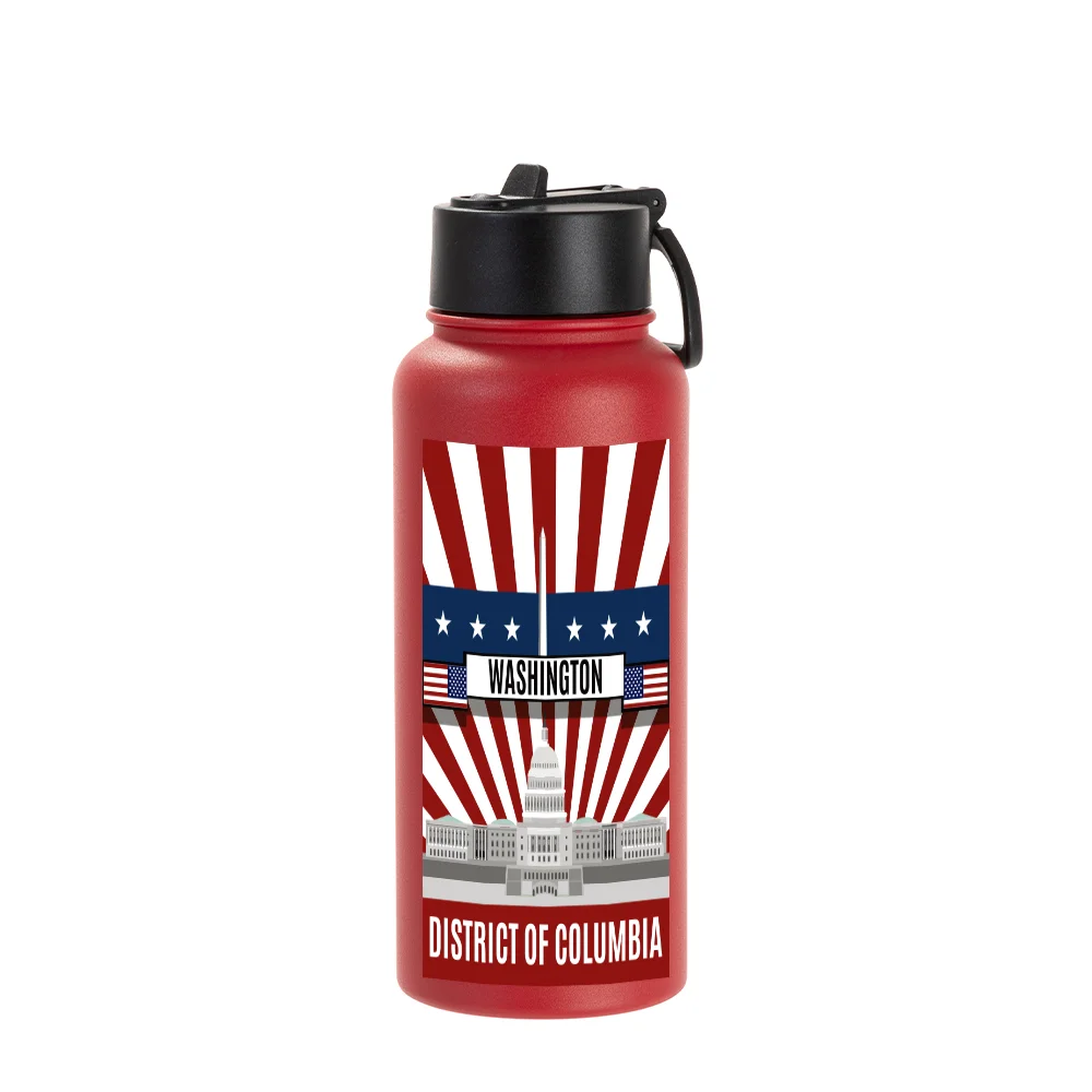32oz/950ml Stainless Steel Flask with Wide Mouth Straw Lid & Rotating Handle (Powder Coated, Red) thumbnail 3