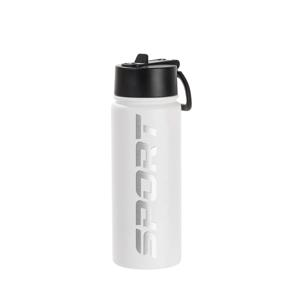 18oz/550ml Stainless Steel Water Bottle w/ Wide Mouth Straw Lid & Rotating Handle (Powder Coated, White) thumbnail 2