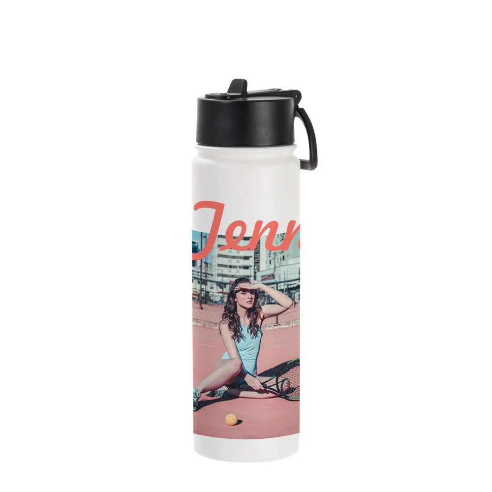 22oz/650ml Stainless Steel Flask with Wide Mouth Straw Lid & Rotating Handle (Powder Coated, White) thumbnail 3