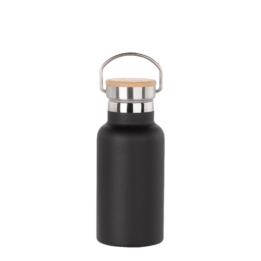 350ml Insulated Sports Water Bottle with Bamboo Lid (Black) thumbnail 1
