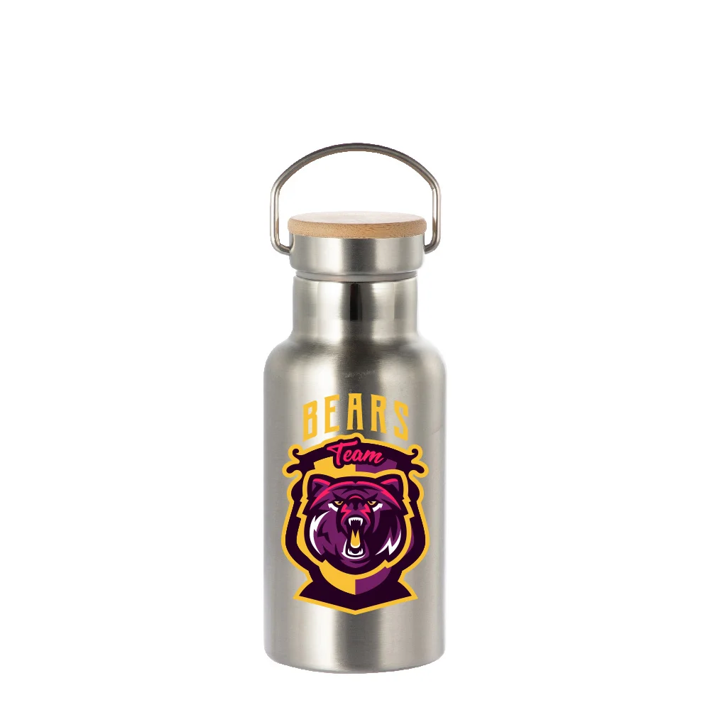 350ml Insulated Sports Water Bottle with Bamboo Lid (Silver) thumbnail 2