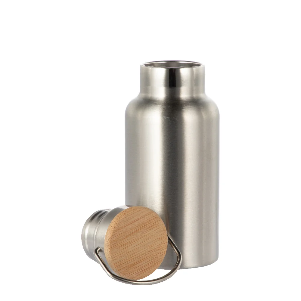350ml Insulated Sports Water Bottle with Bamboo Lid (Silver) thumbnail 3