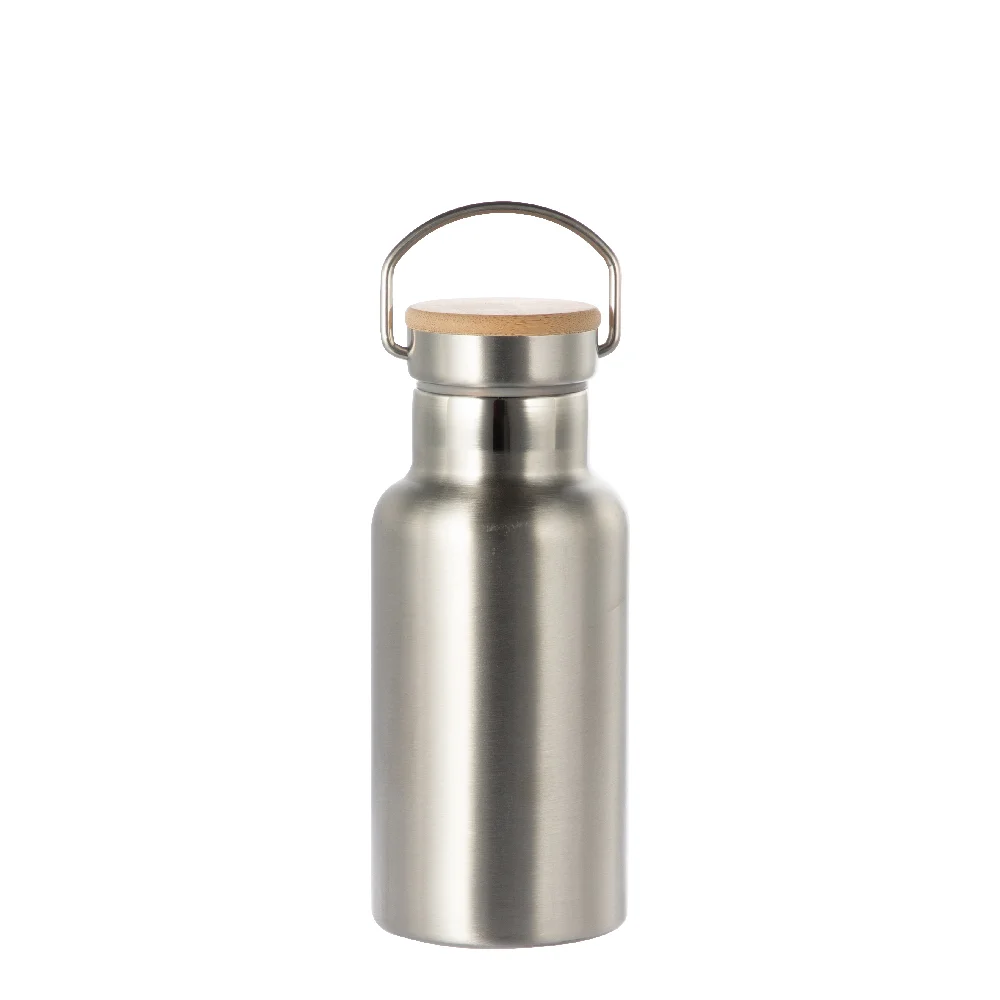 350ml Insulated Sports Water Bottle with Bamboo Lid (Silver) thumbnail 1