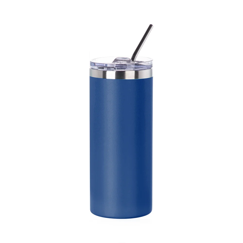 16oz/480ml Stainless Steel Tumbler with Straw & Lid (Powder Coated, Dark Blue) thumbnail 1