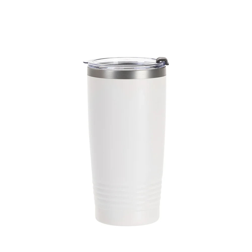 20oz/600ml Stainless Steel Tumbler w/ Ringneck Grip (Powder Coated, White) thumbnail 1