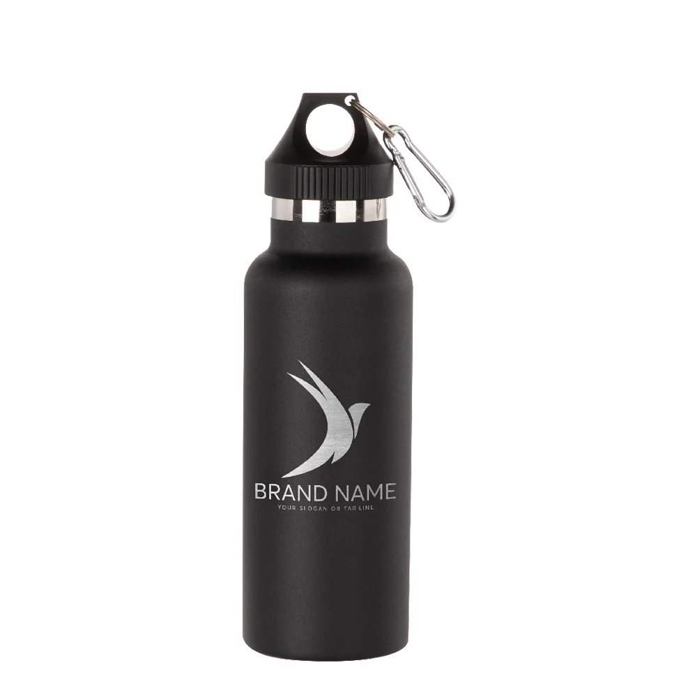 17oz/500ml Powder Coated Sports Bottle with Plastic & Carabiner Lid (Black) thumbnail 2