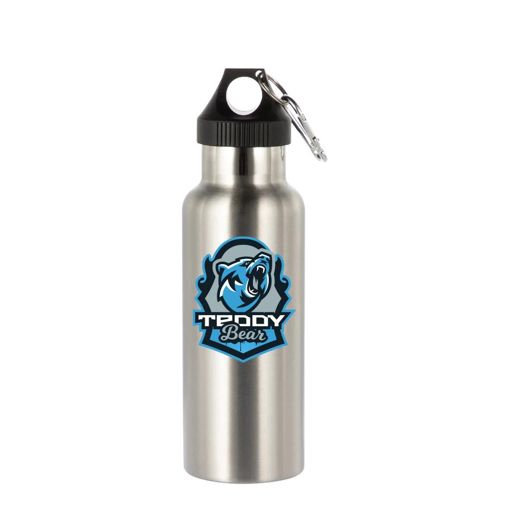 17oz/500ml Powder Coated Sports Bottle with Plastic & Carabiner Lid (Silver) thumbnail 2