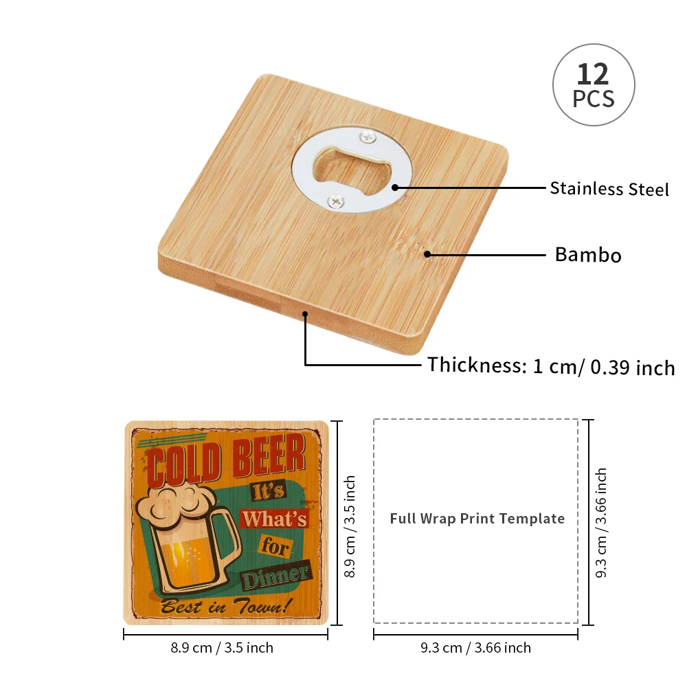 Sublimation Bamboo Coaster & Bottle Opener (Square, 3.5") thumbnail 3