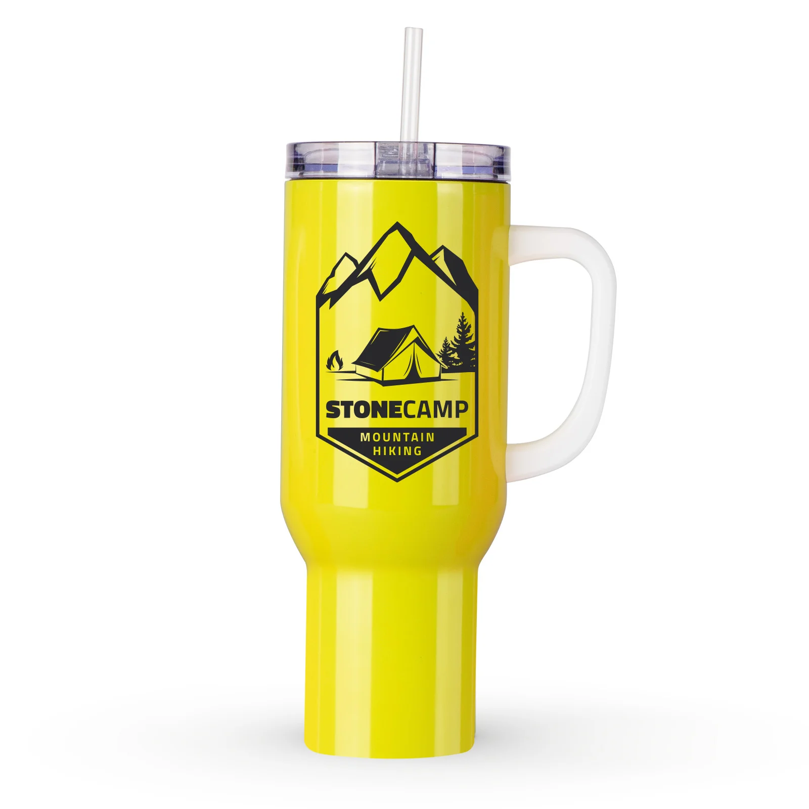 40oz/1200ml Stainless Steel Neon Travel Tumbler with Plastic Handle, Plastic Straw & Leak-Proof Slide Lid (Glossy Yellow) thumbnail 2