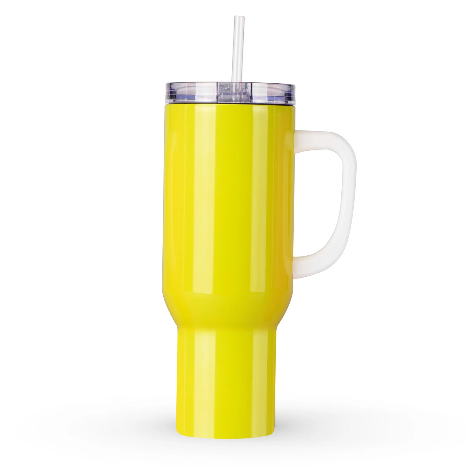 40oz/1200ml Stainless Steel Neon Travel Tumbler with Plastic Handle, Plastic Straw & Leak-Proof Slide Lid (Glossy Yellow) thumbnail 1