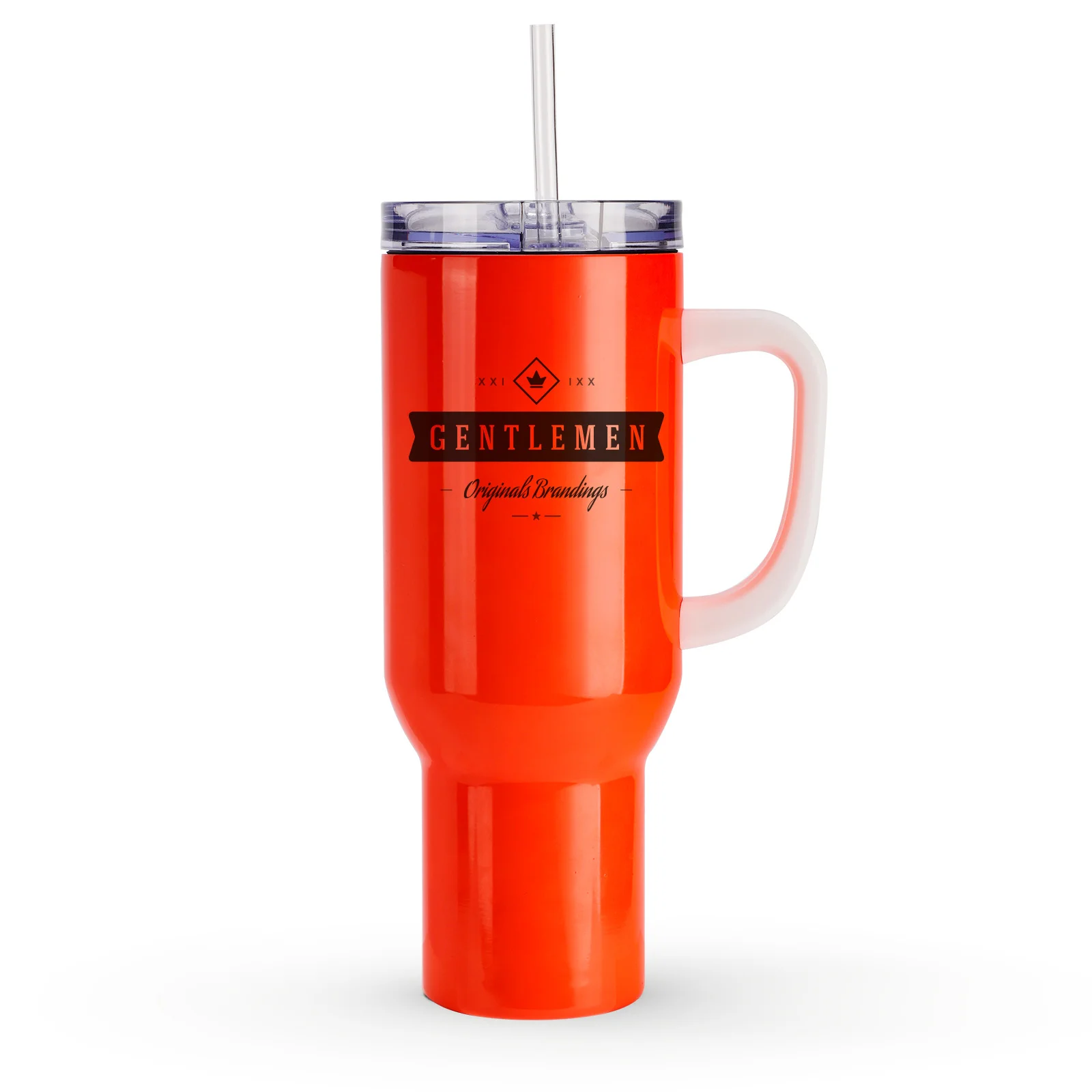 40oz/1200ml Stainless Steel Neon Travel Tumbler with Plastic Handle, Plastic Straw & Leak-Proof Slide Lid (Glossy Red) thumbnail 2