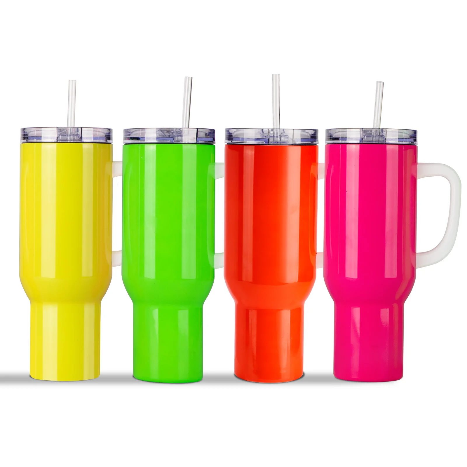 40oz/1200ml Stainless Steel Neon Travel Tumbler with Plastic Handle, Plastic Straw & Leak-Proof Slide Lid (Glossy Red) thumbnail 3