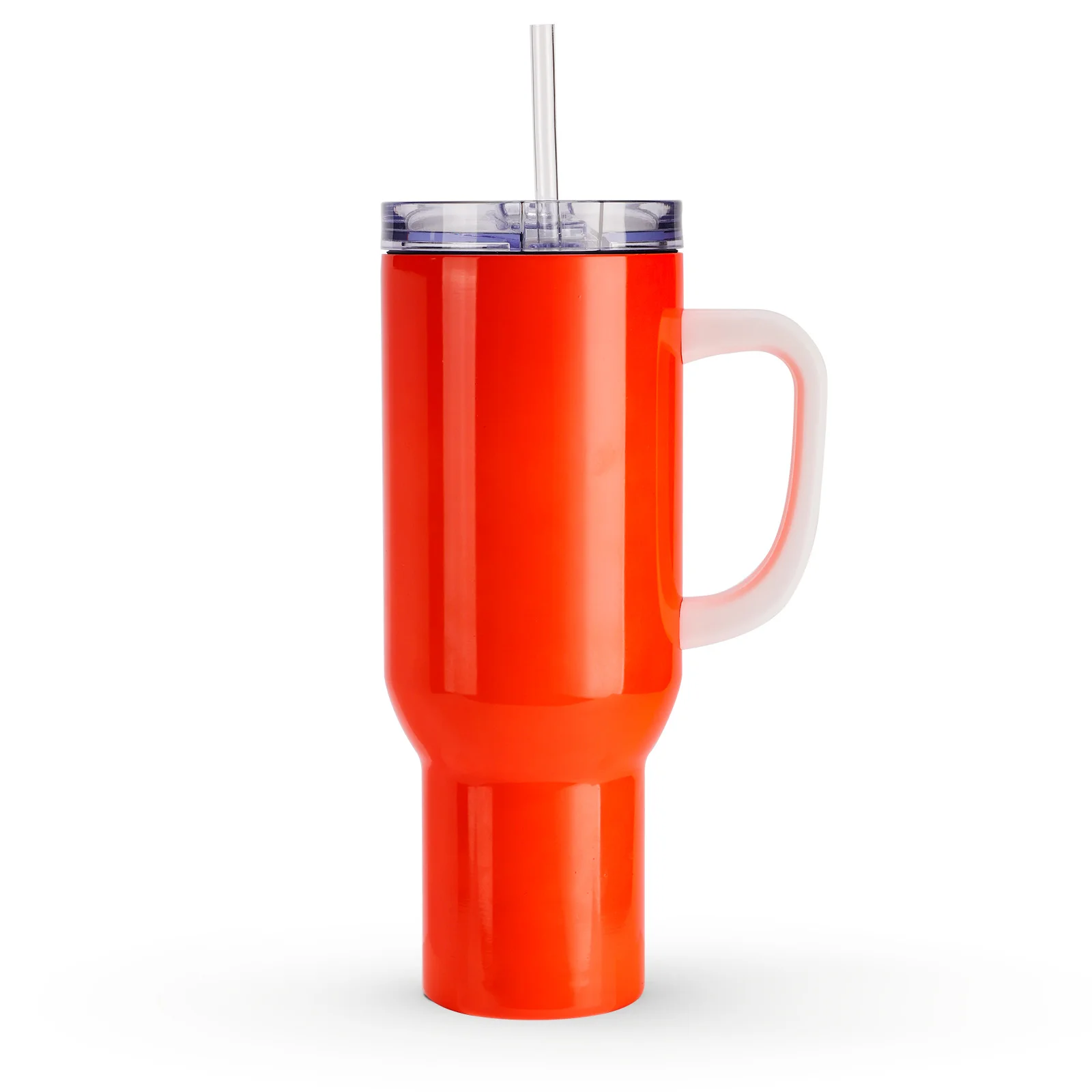 40oz/1200ml Stainless Steel Neon Travel Tumbler with Plastic Handle, Plastic Straw & Leak-Proof Slide Lid (Glossy Red) thumbnail 1