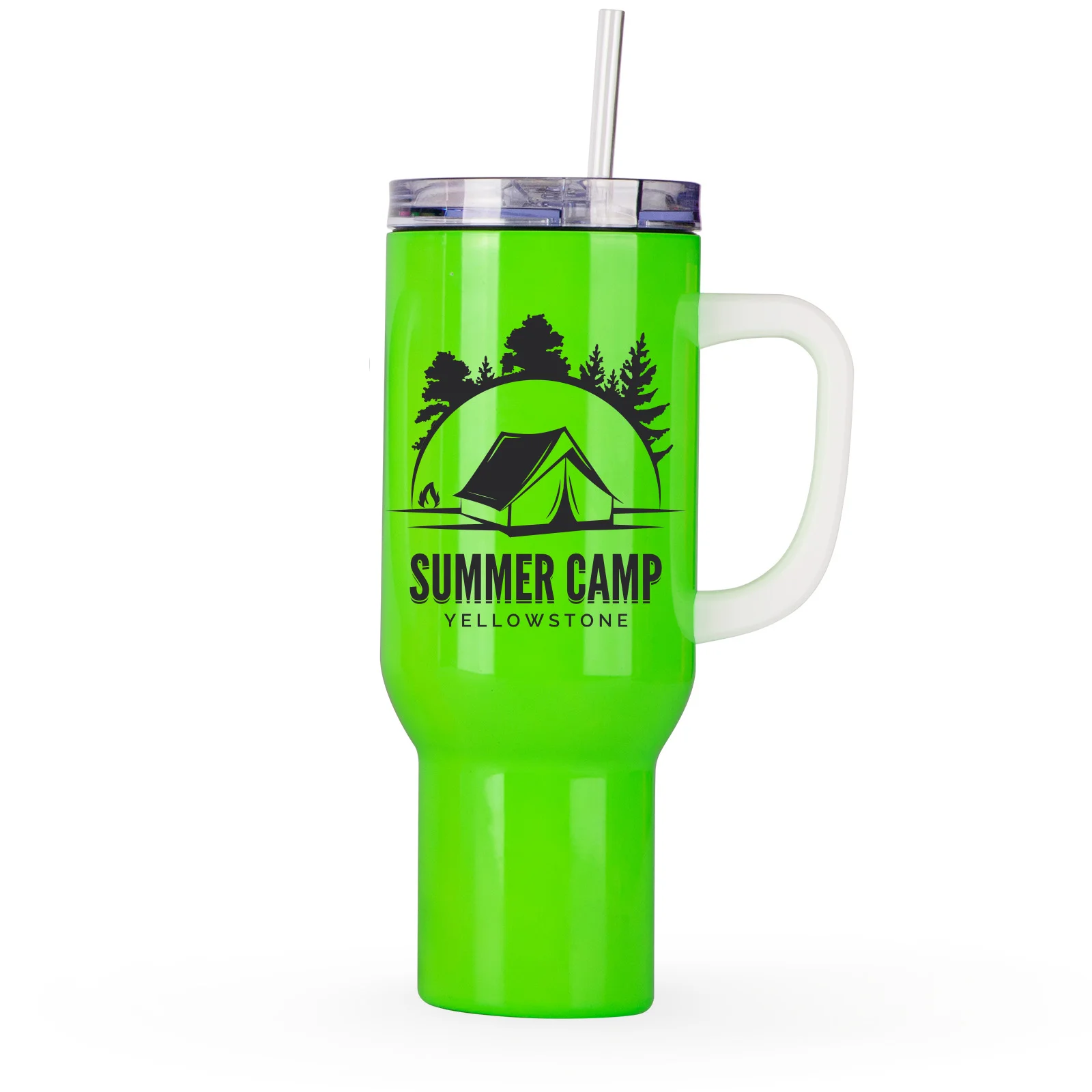 40oz/1200ml Stainless Steel Neon Travel Tumbler with Plastic Handle, Plastic Straw & Leak-Proof Slide Lid (Glossy Green) thumbnail 2