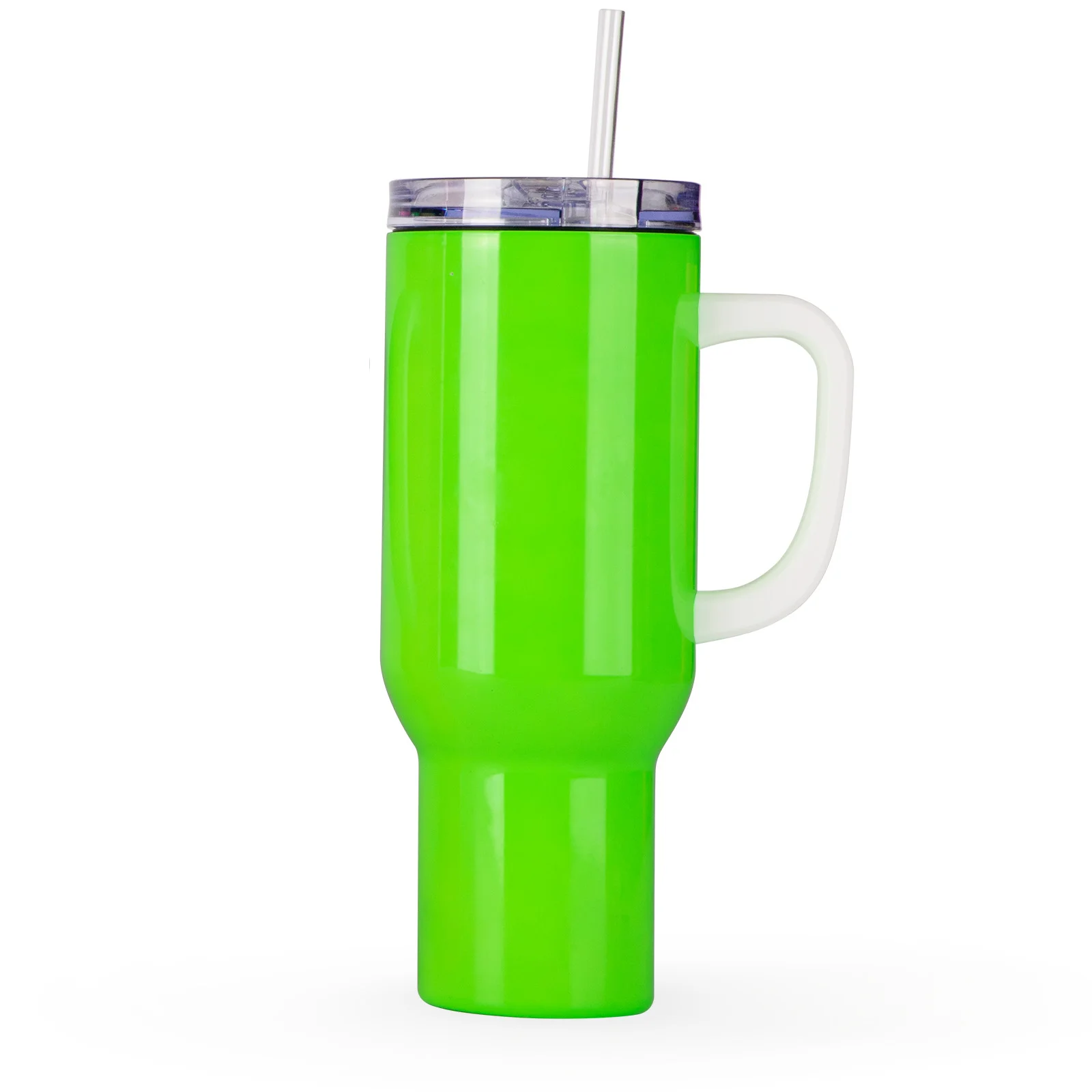 40oz/1200ml Stainless Steel Neon Travel Tumbler with Plastic Handle, Plastic Straw & Leak-Proof Slide Lid (Glossy Green) thumbnail 1
