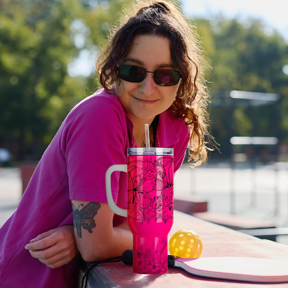 40oz/1200ml Stainless Steel Neon Travel Tumbler with Plastic Handle, Plastic Straw & Leak-Proof Slide Lid (Glossy Rose Red) thumbnail 3