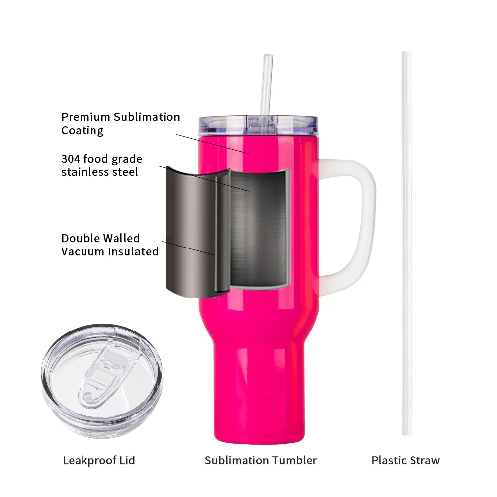 40oz/1200ml Stainless Steel Neon Travel Tumbler with Plastic Handle, Plastic Straw & Leak-Proof Slide Lid (Glossy Rose Red) thumbnail 4
